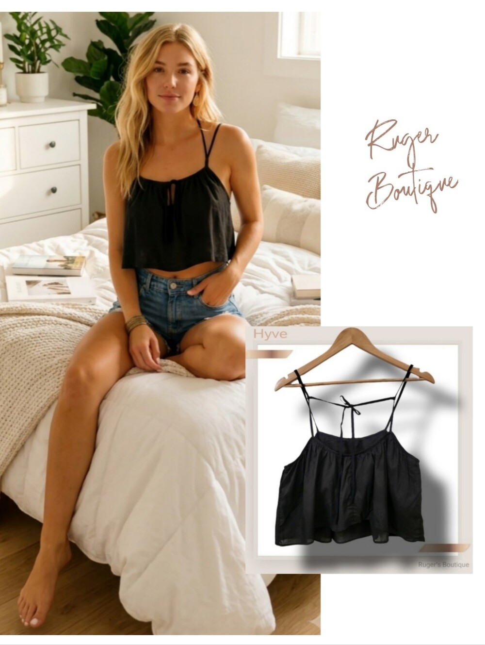 🌿HYFVE Women's Large Black Sleeveless Built in Bra Spaghetti Strap Crop Top